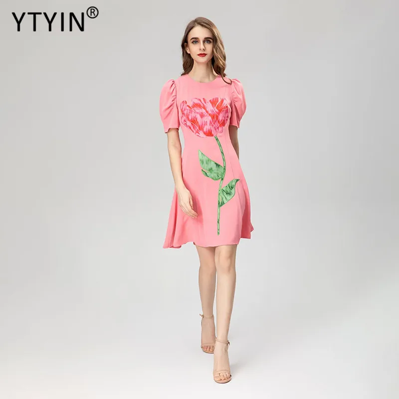 

YTYIN Fashion Runway High Quality New Summer Women's Short Sleeved Floral Printed Pink Elegant Pretty A-line Short Mini Dresses