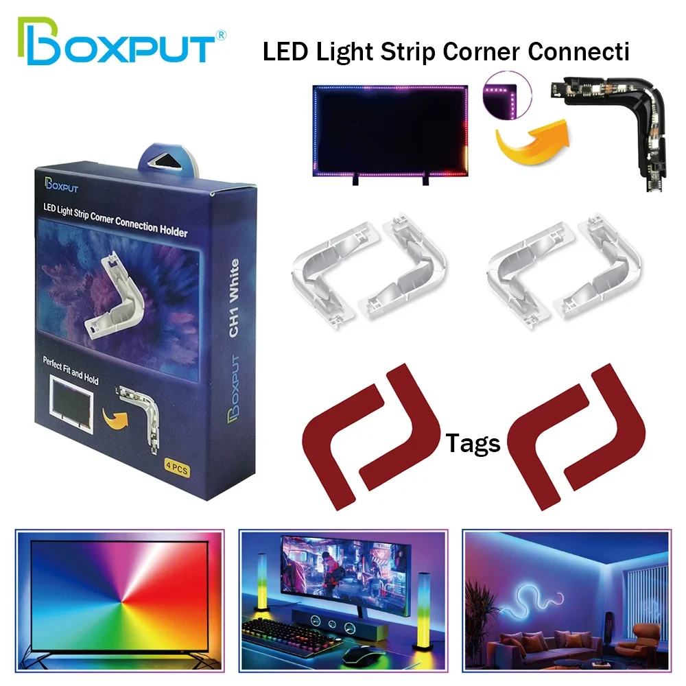 BOXPUT 4개입 L자형 LED 라이트 스트립 코너 연결 홀더, 무납땜 및 틈새 없는 SMD 5050 LED 스트립 호환