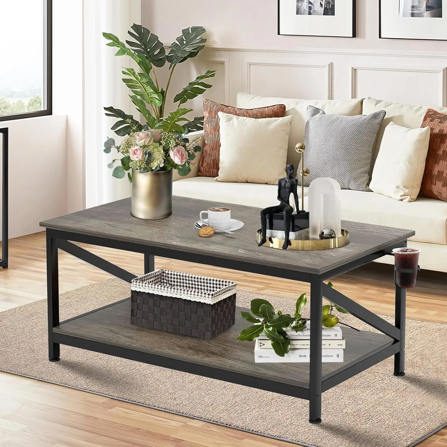 طاولة قهوة مع رف تخزين ورف تخزين من طبقتين، أثاث خ...