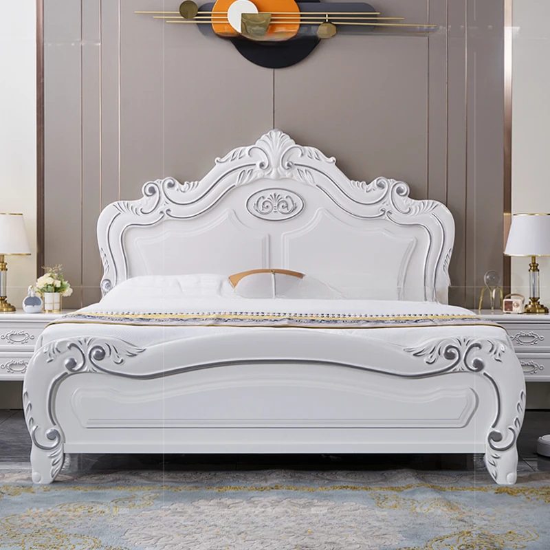 

Modern Hand Carved Double Bed Soft Large White Leather Wooden Double Bed Bedding European Style Cama Matrimonial Furniture