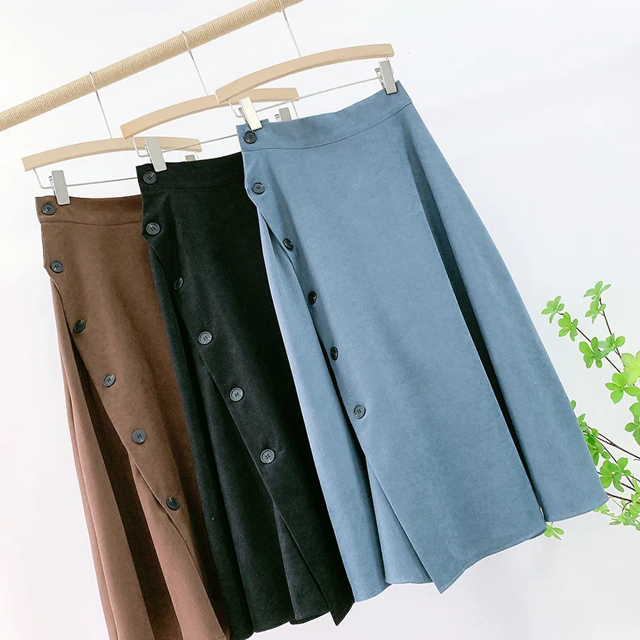 Button Design A-line Skirt High Waist Mid Long Skirt Women 2021 Casual Elegant Office Ladies Work Large Swing Split Maxi Skirt chiffon skirts 2021 new summer korean chic high waist big swing long skirt elegant midi skirts mid calf a line tutu skirt saias