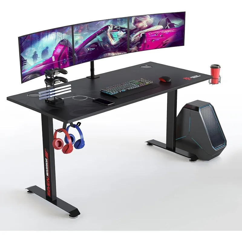 Gaming Desk 60 INCH, T- Shaped Carbon Fiber Surface Computer Desk with Full Desk Mouse Pad, Ergonomic E-Sport Style Gamer