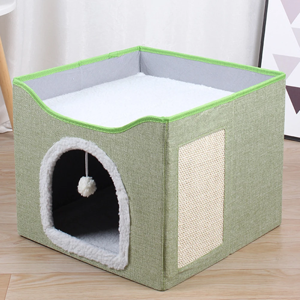 고양이 침대 접이식 고양이 집, 푹신한 볼 & 스크래치 패드 포함, 고양이 큐브 동굴, 대형 고양이 은신처, 여러 마리의 소형 애완동물에게 편안함 제공