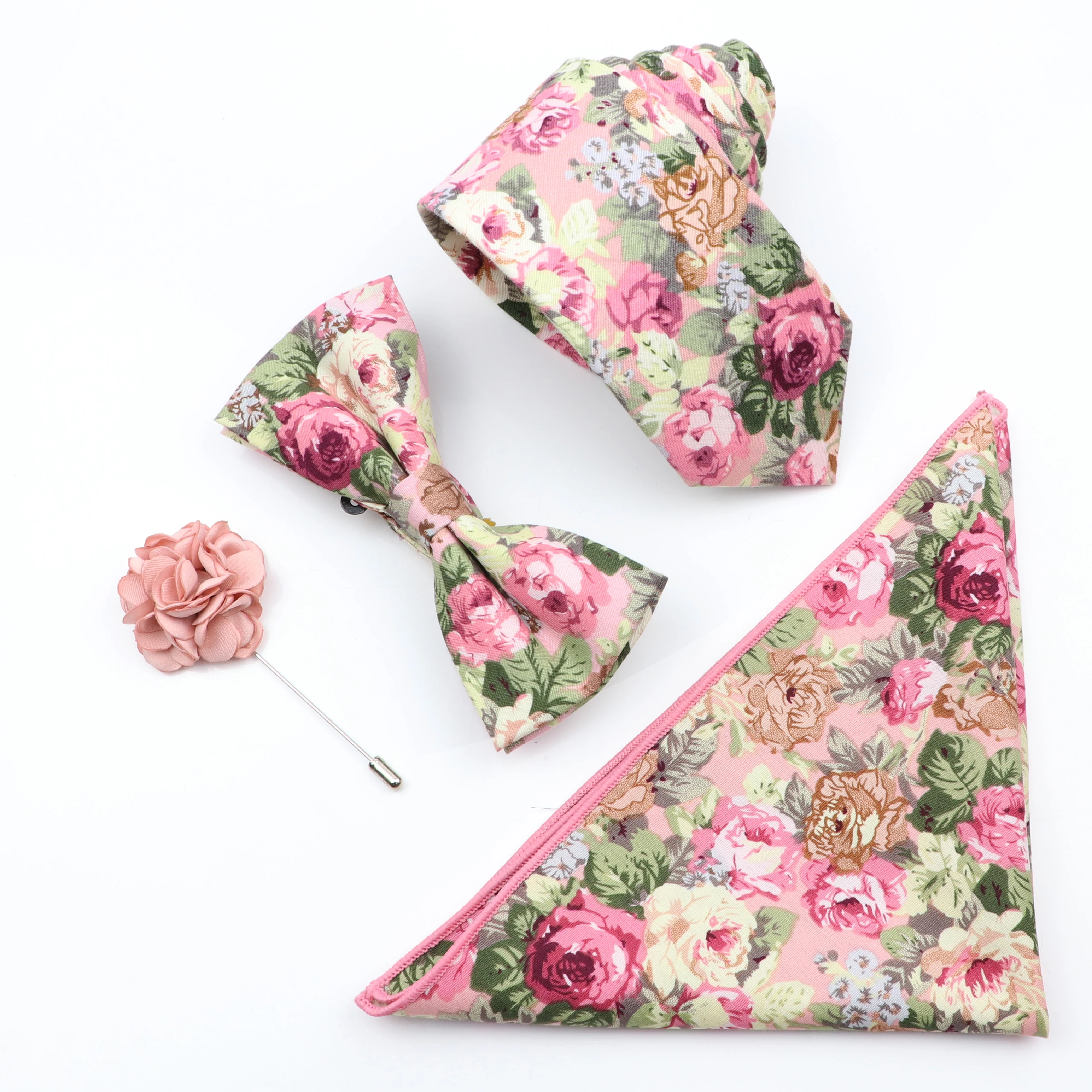 Neue Bunte Baumwolle Floral Männer Krawatte Brosche Set Rosa Weiß Gelb Krawatte Bowtie Anzug Vintage Für Bräutigam Business Hochzeit Party
