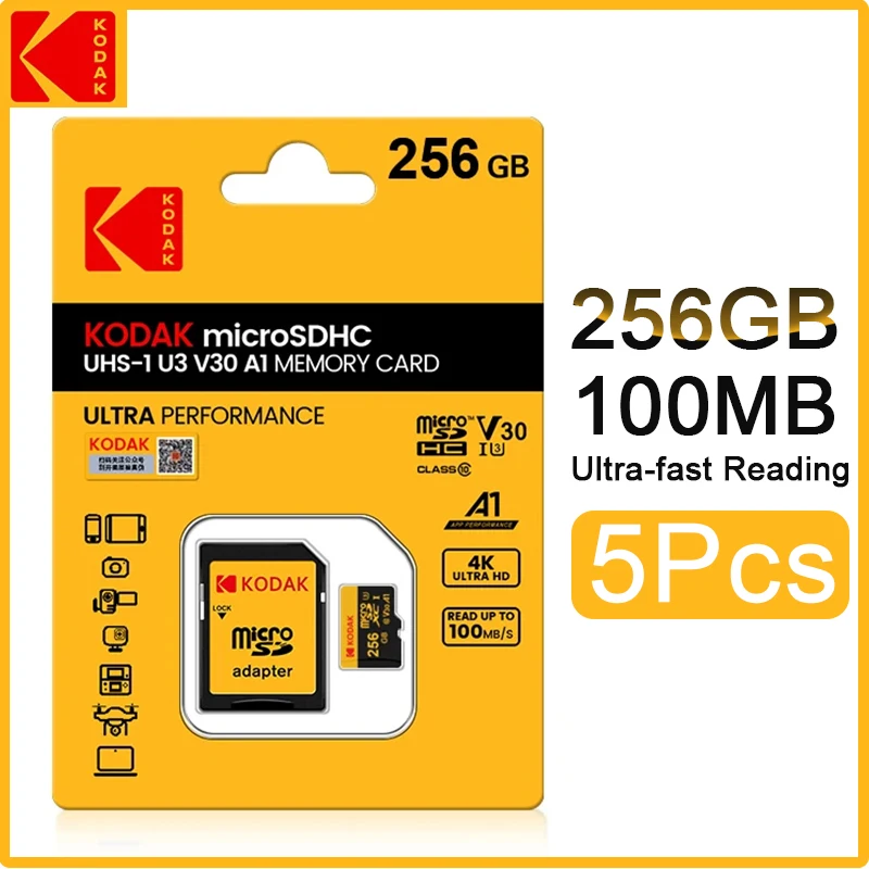 

5Pcs Kodak Original TF Micro SD Card 256GB memory Card MicroSD Class10 Video card With SD Adapter on phone Tablet Camera SD Card