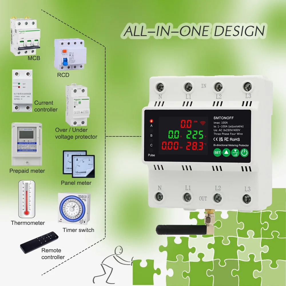 Tuya WiFi Three Phase 4P 100A Auto-Reclosing Over Under Voltage Protector Prepai