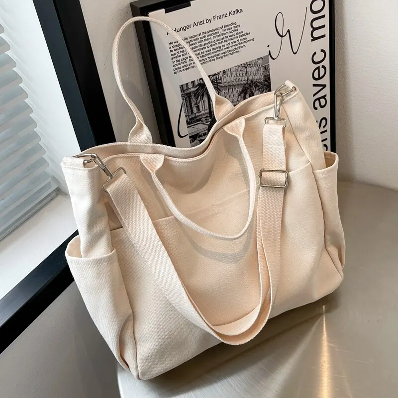 Canvas Bag Women Messenger Bag Ins Lazy Wind Canvas Big Bag Korean Version Single Shoulder Crossbody Bag Female Simple Literary Solid Color