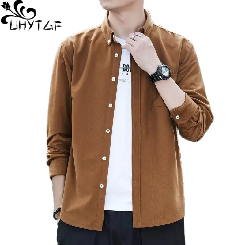 

UHYTGF Thin Corduroy Shirts Mens Single Breasted Cardigan Spring Autumn Blouses Male Fashion Youth Casual Business Tops Coat 330