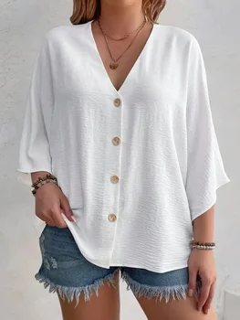 Women's Plus-size T-shirt Solid Color Breathable Spring/summer V-neck Button Travel Casual Wear with European and American Style 1
