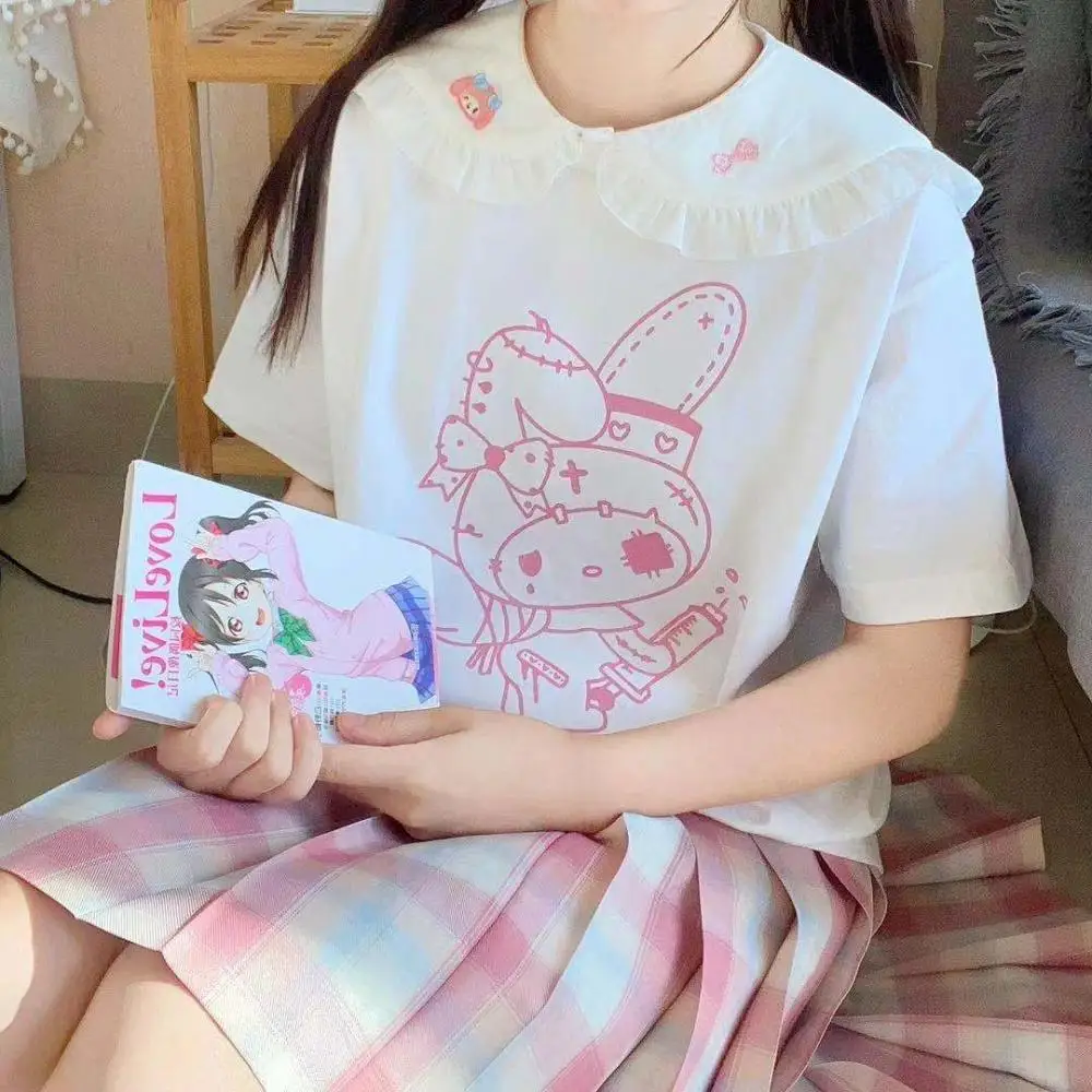 

Футболка Sanrio с аниме «Моя Мелодия», Милый хлопковый мультяшный кукольный воротник, белая свободная летняя Студенческая одежда с коротким рукавом, топы для девушек