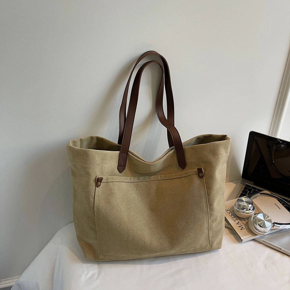 Solid Color Large-Capacity Canvas Tote Bag for Women, Japanese Style Casual Ins College Student Shoulder Bag, Tutoring Class Handbag, Travel and Shopping Bag