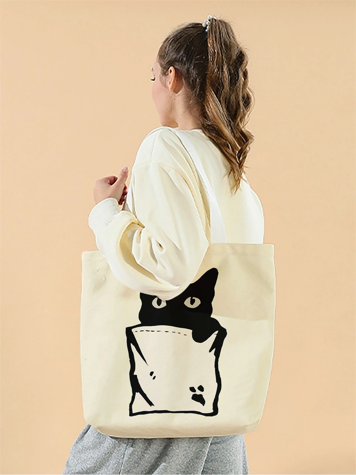 1pc,small black cat handbag, reusable fashionable handbag, multifunctional handbag, printed canvas shopping bag