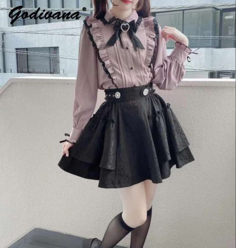 Rojita Sweet Skirt Retro Jacquard Ruffles Slimming Mini Skirt Women Japanese Lolita 2023 Autumn High Waist Black Pleated Skirt adagirl white a line pleated skirt women ruffles high waisted elastic lolita skirt kawaii mini shorts dress cutecore korean ins