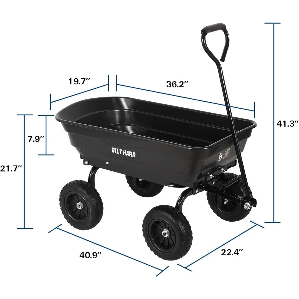 4 Cu.Ft. 10" No-Flat Tires Poly Yard Dump Cart with 180&deg; Rotating Handle, 600 lbs Capacity Heavy Duty Garden Carts and Wagons