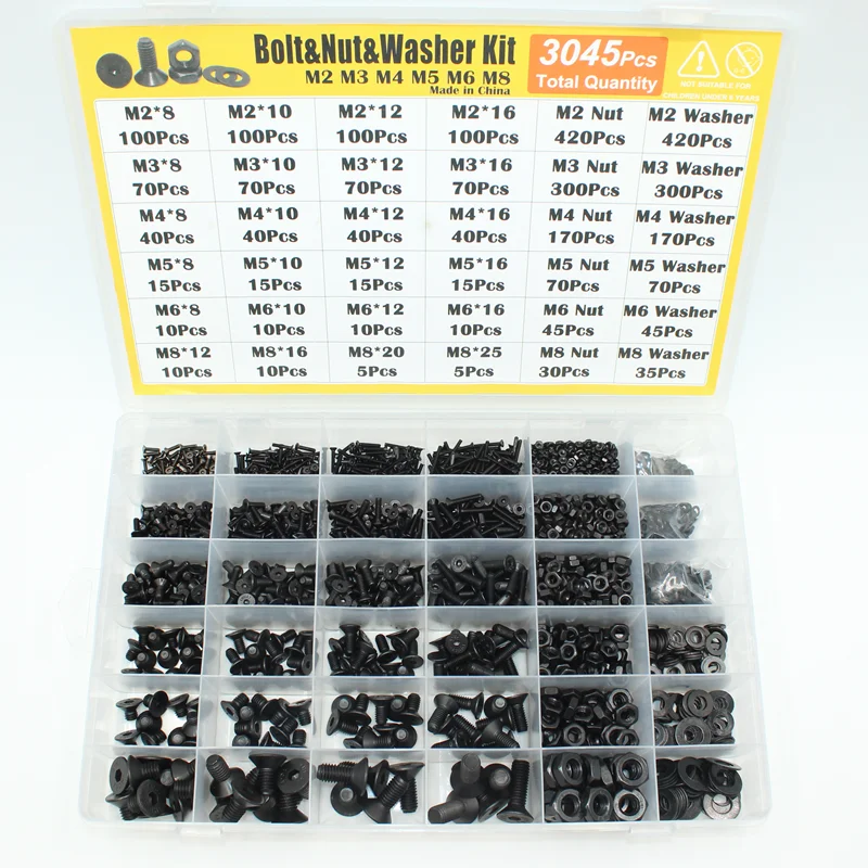 Cabeça Chata Escareada Soquete Cap Parafuso Porca Lavadora Sortimento Kit Black Grade 109 Parafusos de Aço e Arruela Grupo 3045 2545p