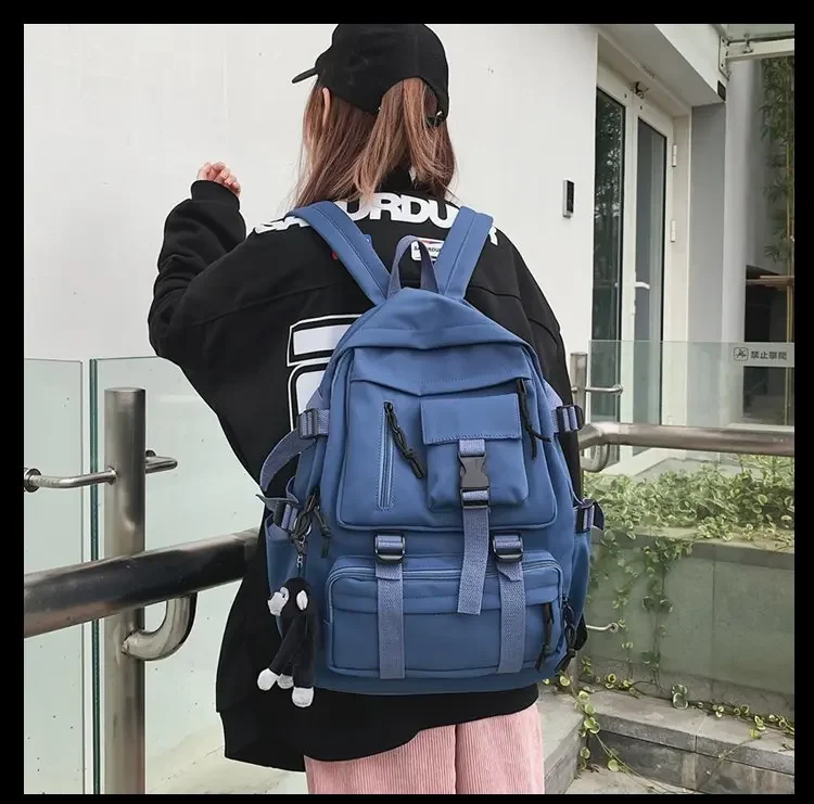 Preppy Style Black Backpack Unisex Women Men Backpack Nylon Waterproof Multi-Pocket Design Mochilas Teenagers Shoulder Bag