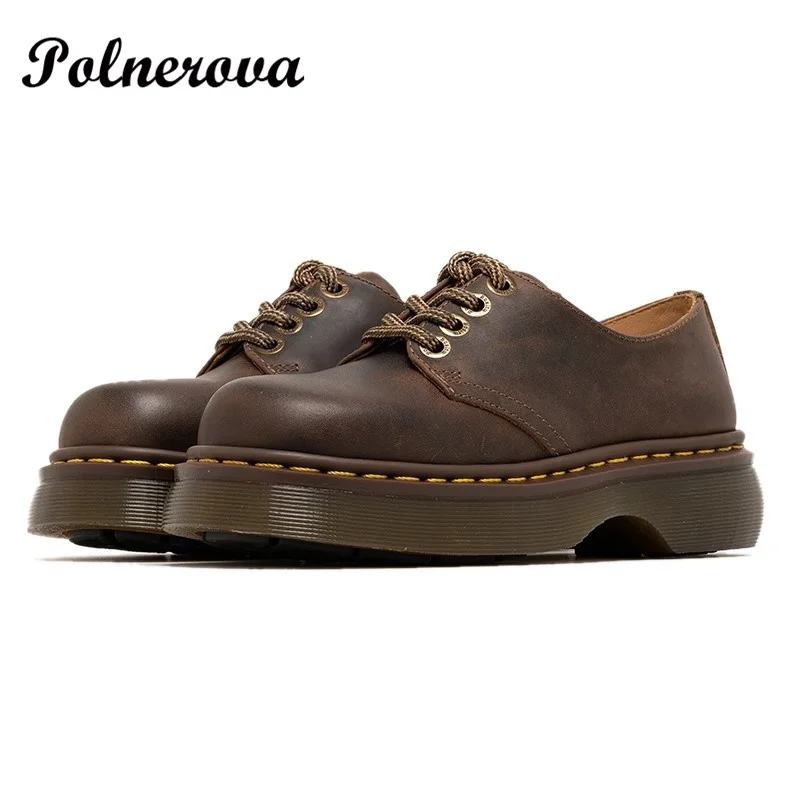 

Women Platform Loafers Genuine Cow Leather Round Toe Lace Up Chunky Sole Ladies Casual Shoes Handmade Mary Janes Shoes