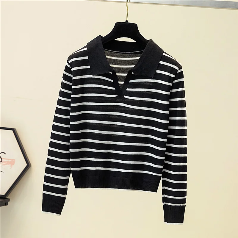 Striped V-neck Pullover Polo Sweater Women Spring Autumn All-match Tops Long-sleeved Knitted Bottoming Sweaters Jumpers cropped sweater Sweaters