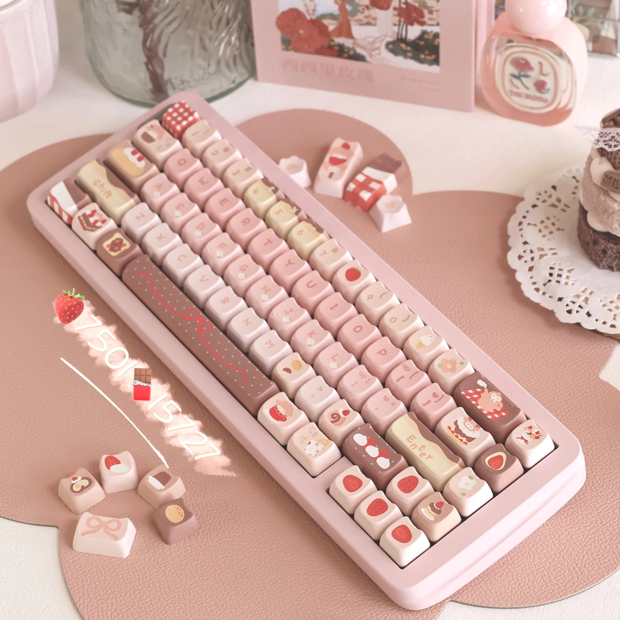 Mao-cute Altura Cat Head Keycap Keycaps Personalizados dos Desenhos Animados Rosa Morango Chocolate Teclado Mecânico Bolo Keycaps - Imagem 3