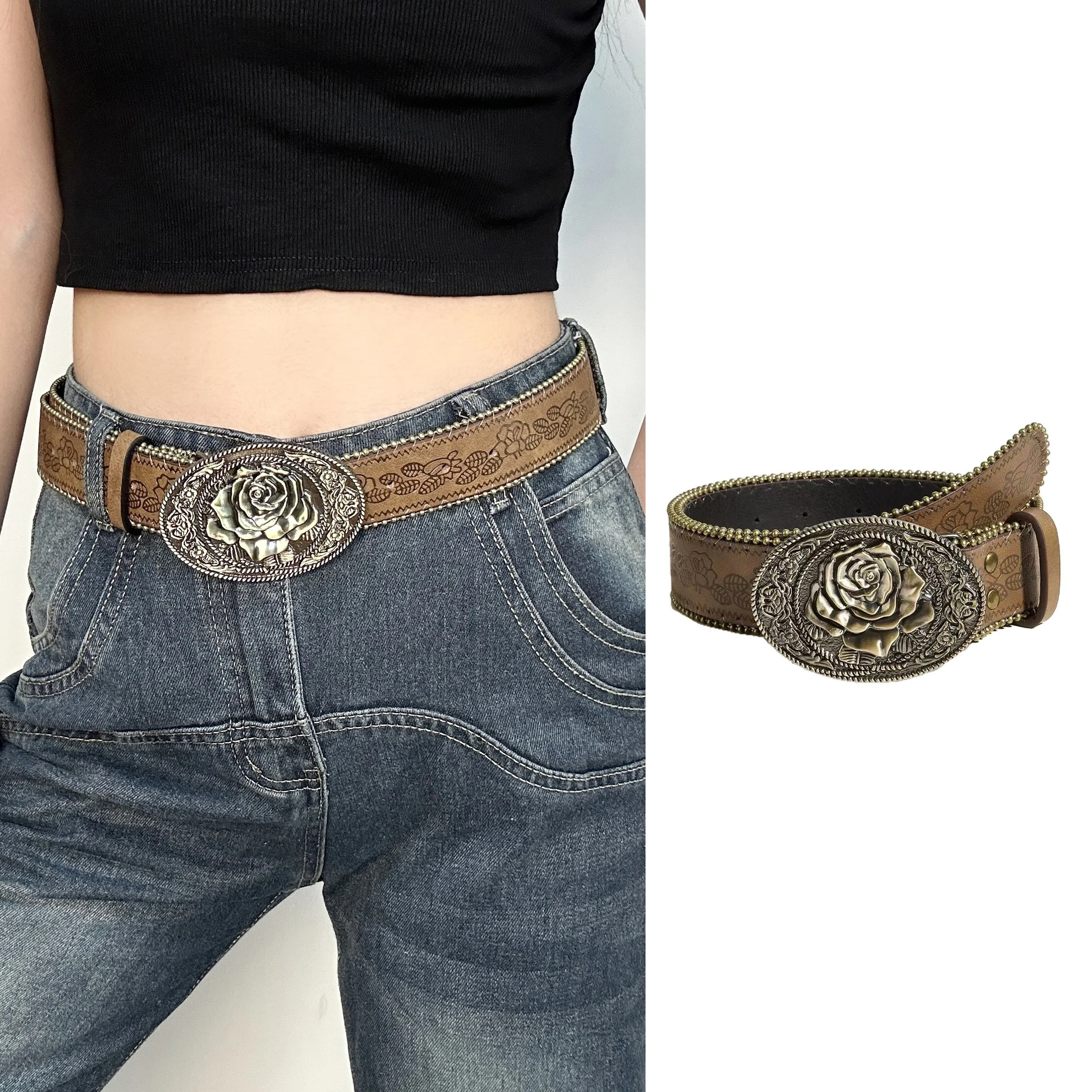 Vintage Carved Buckle PU Wide Belts Boho Brown Embossed Waistband Western Jeans Pants Belt