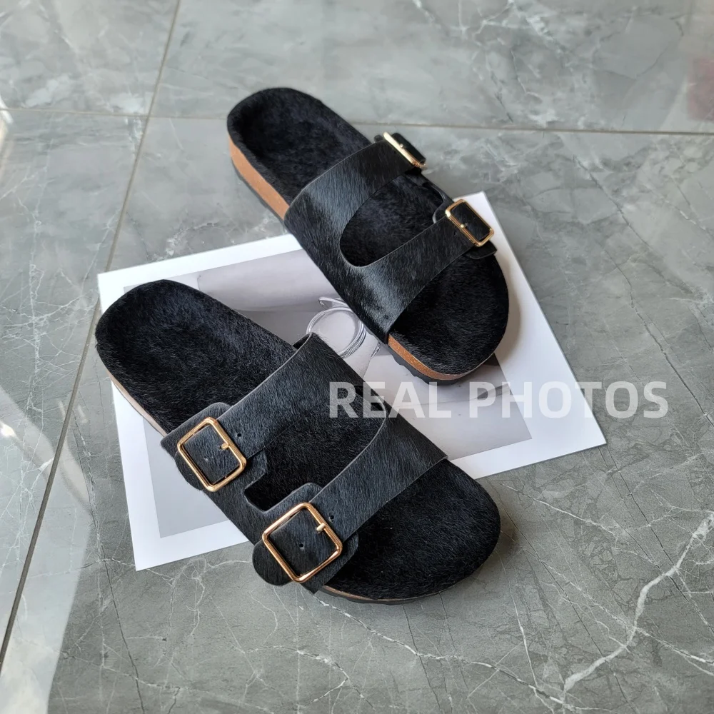 FEDONAS New Ins Horsehair Leather Sandals Buckles Leopard Flats Platforms Summer Shoes Woman Comfort New Casual Shoes Slippers