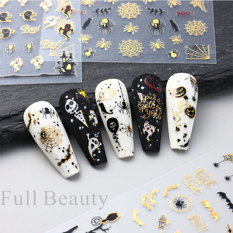 

3D Halloween Ghost Pumpkin Skull Nail Sticker Gold Silver Spider Web Self-Adhesive Slider Festival DIY Manicure Decoration Decal