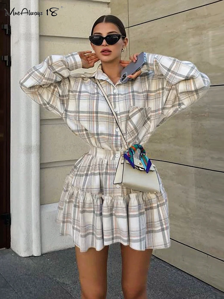 

Mnealways18 Gingham Skirts Sets Two Pieces Long Sleeve Tops And Ruffled Skirts Streetwear 2024 Women Button 2-Piece Outfits Lady