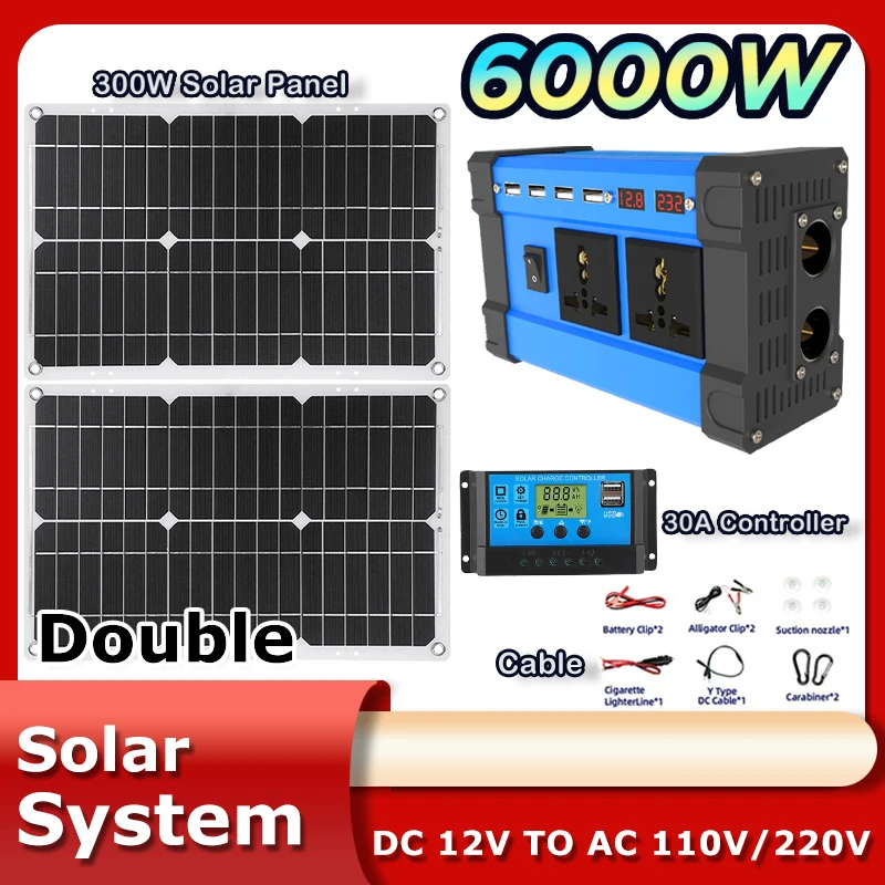 2*300W Solar Panel Kit Complete 6000w 220v Inverter Portable Outdoor Power Solar System Kit 30A Controller Car Camping RV solar inverter solar panel kit solar power panel kit