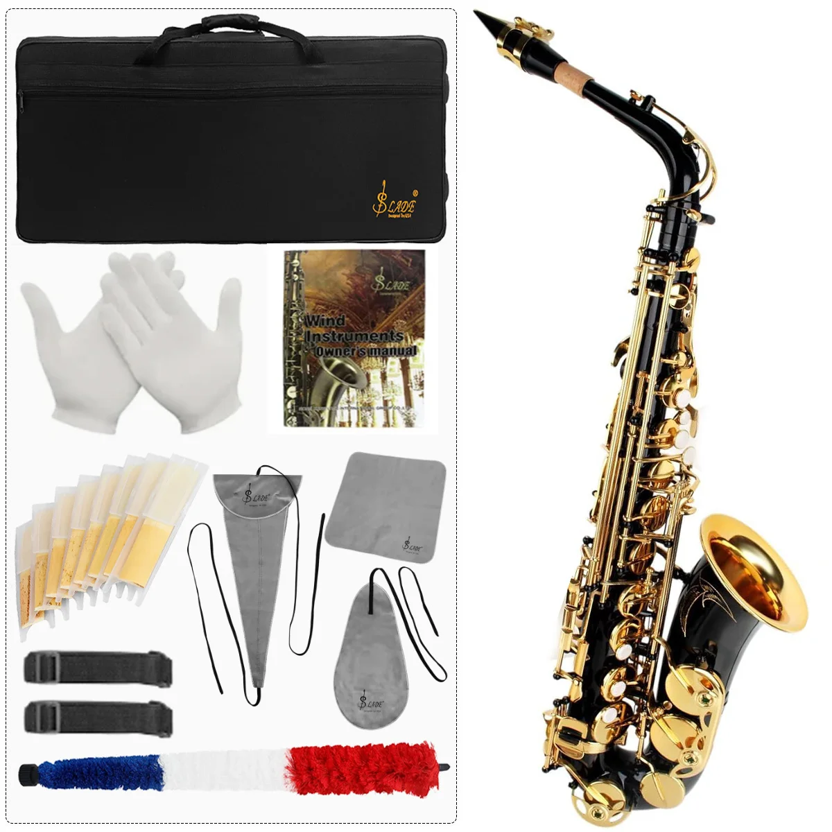 SLADE Black Gold Key Alto Saxophone Beginner Set for Adult Student Saxophone Eb Professional Brass with Woodwind Parts