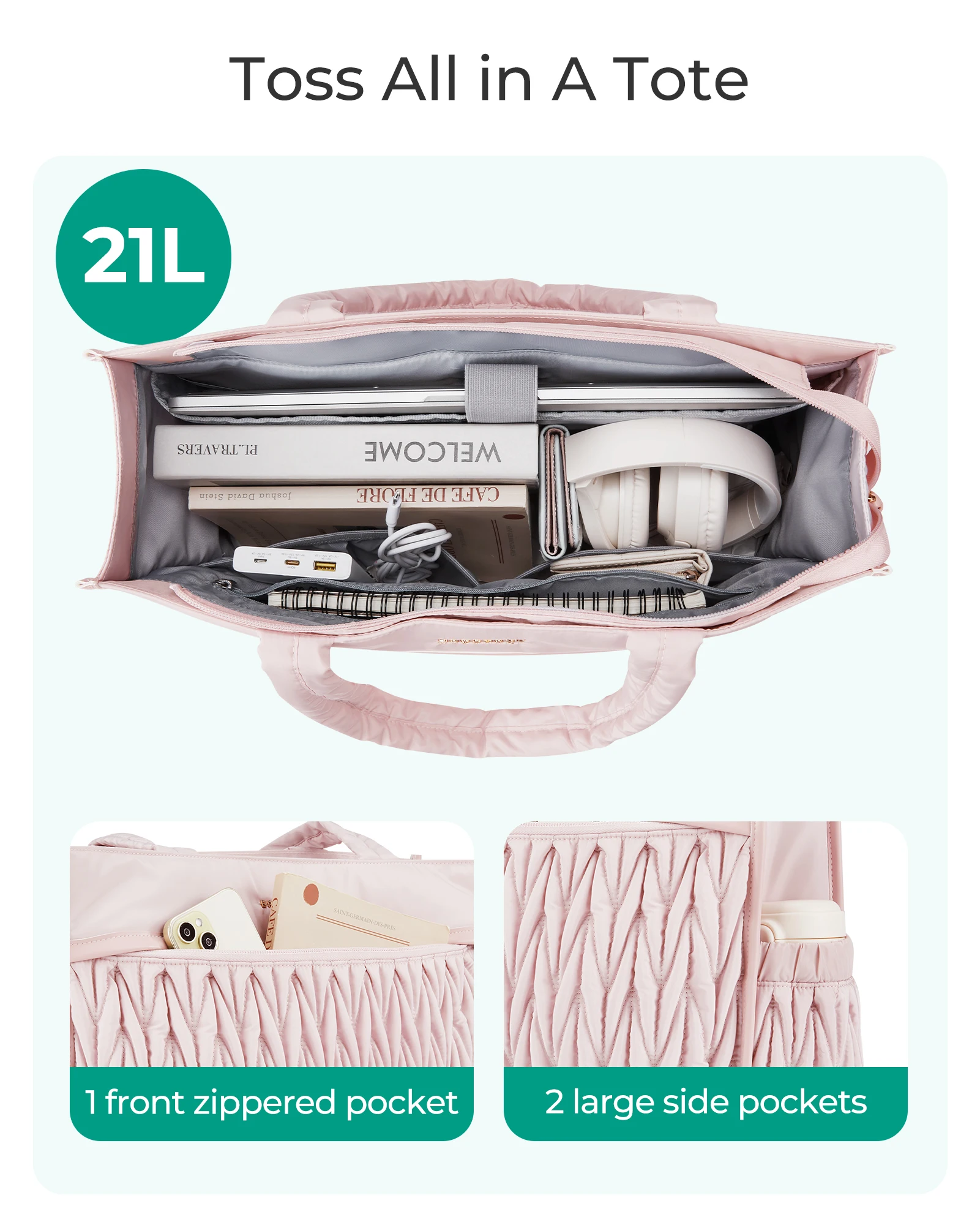 BAGSMART Borsa tote da donna Borsa tote grande con cerniera Borsa a tracolla nera Borsa con manico superiore per lavoro da viaggio - immagine 6
