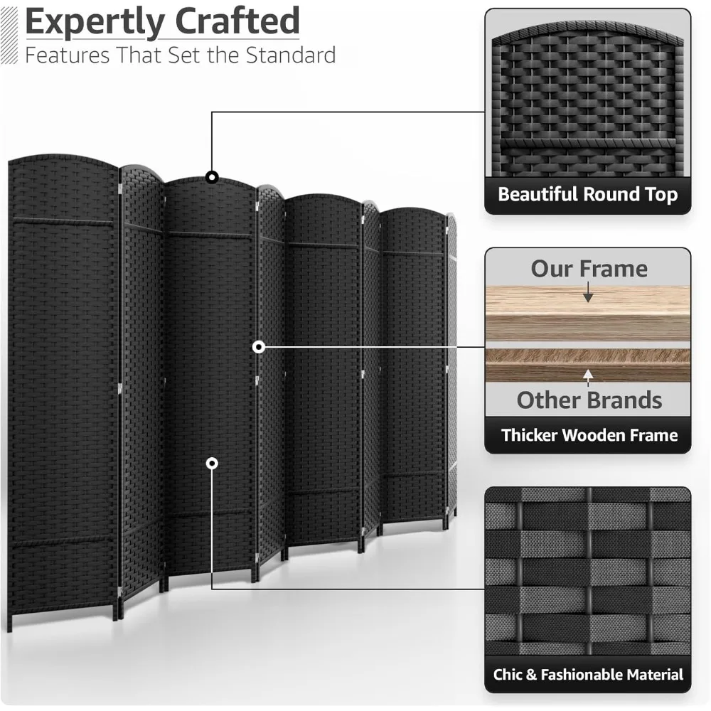 8-Panel Black Room Divider with Double Hinged Panels, 6 ft Tall Folding Privacy Screen 3