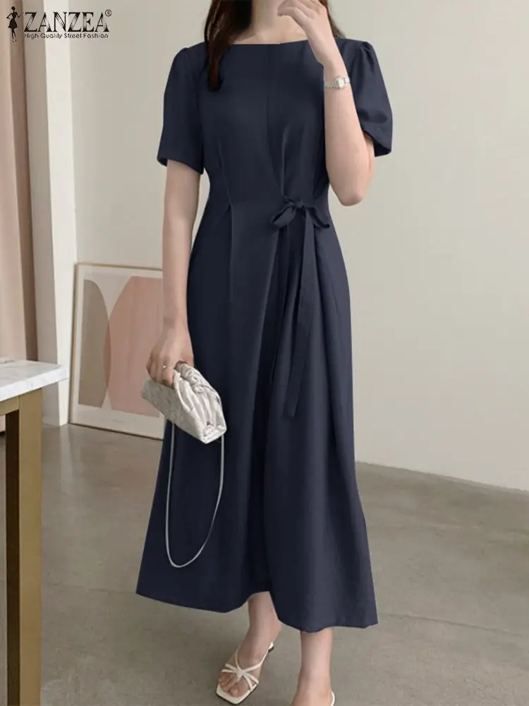 

2023 ZANZEA Vintage Work Dress Female Solid Casual Robe Summer Short Sleeve Dresses Woman Elegant Lace-Up Sundress Oversized