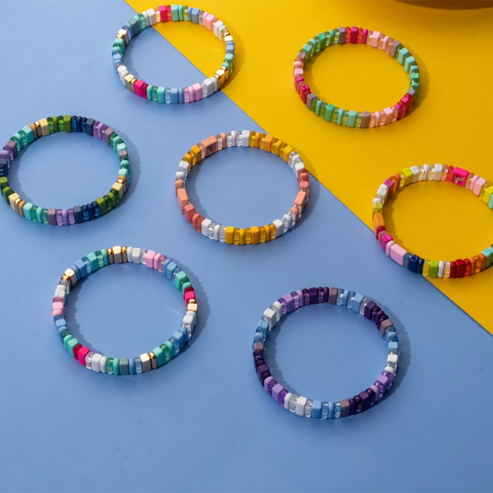 30pcs 4x8MM Enamel Beads for Jewelry Making Colorful Boho Bangle Handmade DIY Beads Rectangle Shape Elastic Bracelets Accessory
