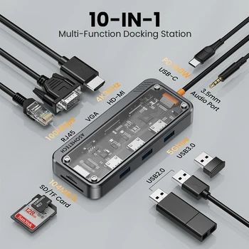 10 In 1 Hub Usb 3.0 Type C To HDMI-Compatible 4K 30Hz Docking Station PD 100W Usb Splitter for Macbook Air Laptop Pc Accessories 2