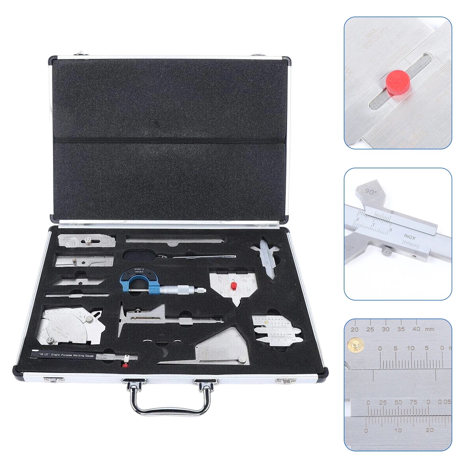 13Pcs Welding Inspection Ruler Box Gauge Tool Kit with Easy Carry Suitcase Fillet Welding Gauge, Micrometer, Inspection Mirror