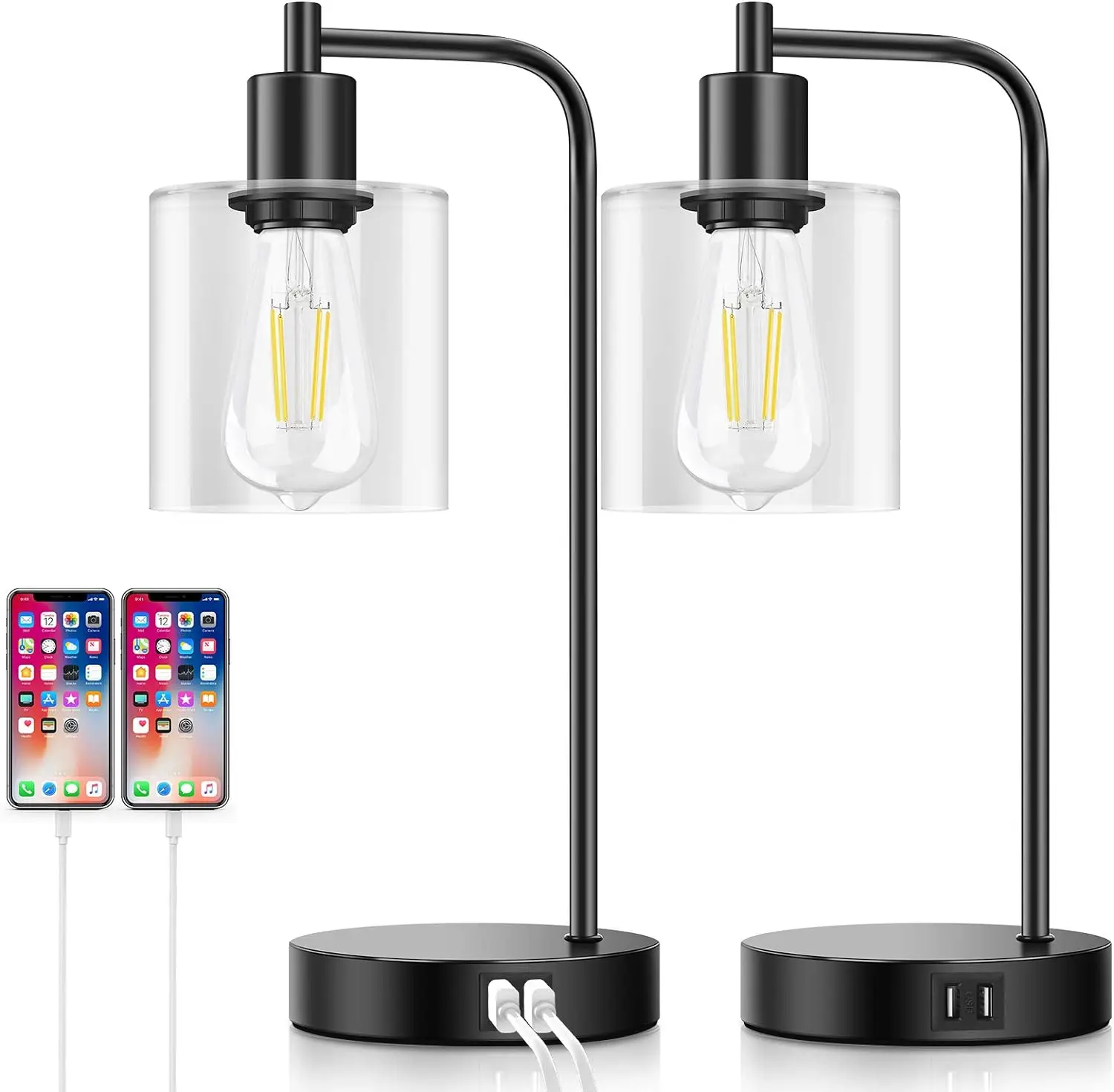 

of 2 Industrial Touch Control Table Lamps with 2 USB Ports and AC Outlet, 3-Way Dimmable Bedside Nightstand Reading Lamps with G