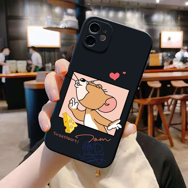 Cartoon Cute Cat Mouse Cases For iPhone 13 12 Pro Max Mini 11 Pro Max X XR XS MAX SE 2020 8 7 6 6S Plus 5 Silicone Phone Cover Black SK-1223