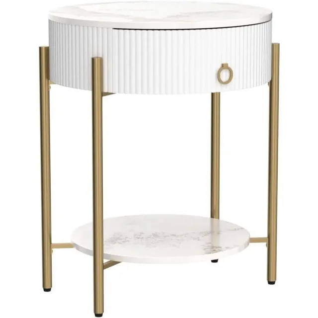 Modern End Table with Storage Drawer, Round 2-Tier Nightstand with Shelf 6