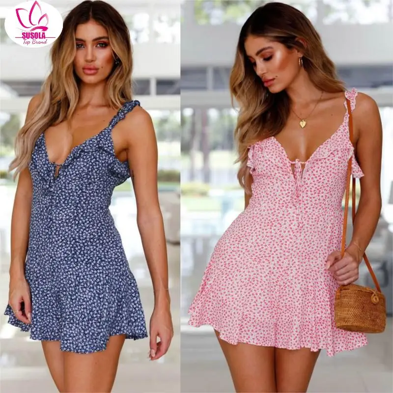 

SUSOLA Party Evening Beach V Neck Dress Trend Sexy Mini Dresses New Women Summer Casual Sleeveless Floral Print Boho Dress