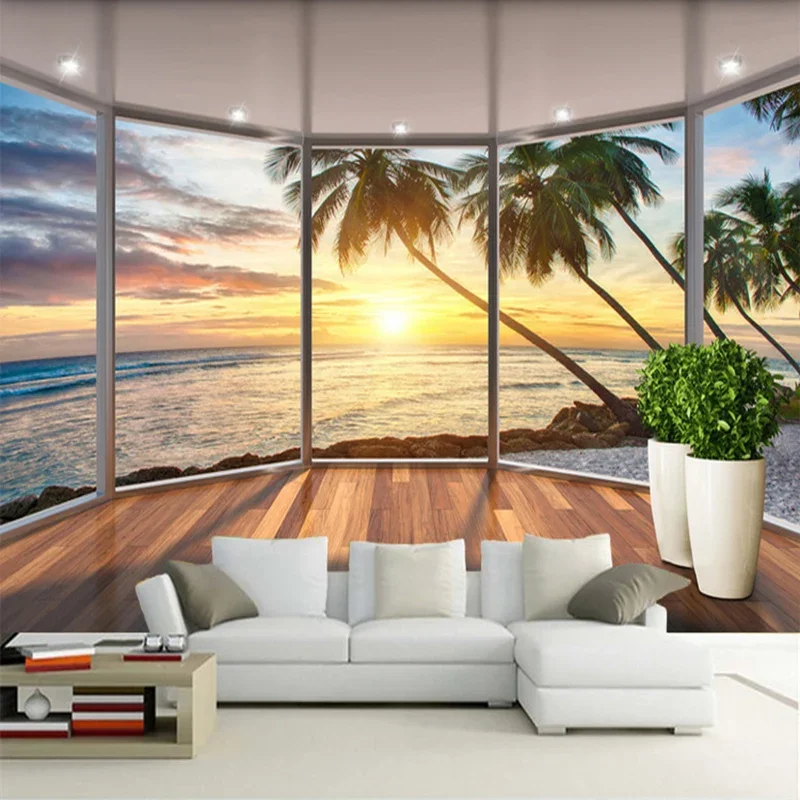 Custom 3D Mural Wallpaper Window Seaside Landscape Sunrise Photo Wall Painting Living Room Restaurant Background Wall Home Decor