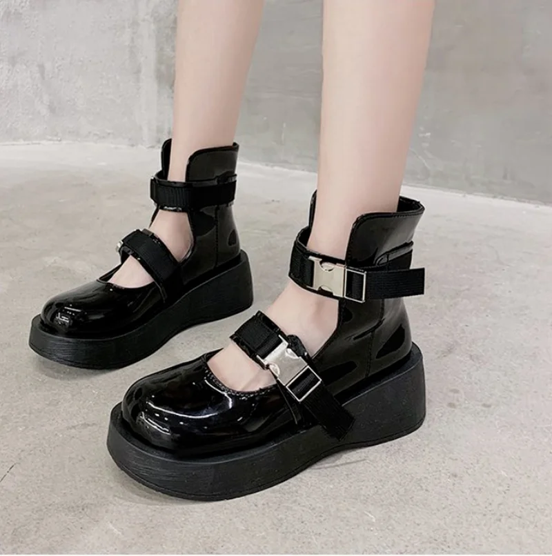 

Lolita Shoes Buckle Ankle Strap Platform Shoe Women Patent Leather Thick Sole Punk Hollow Outs Retro Motorcycle boot Girls