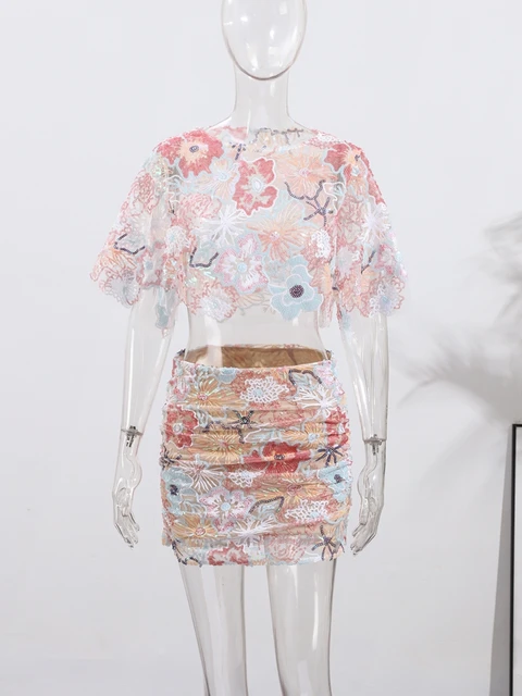 Alison Sparkly Sequin Lace Sheer Long Skirt Set 5