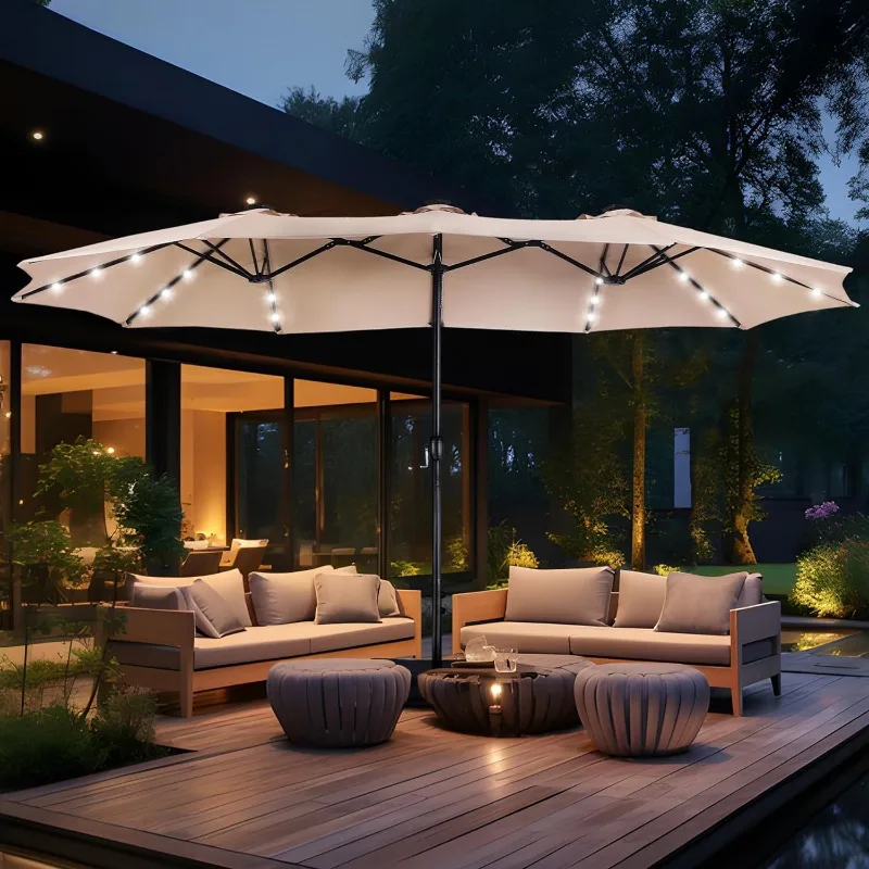 15ft Double Sided Patio Umbrella with Solar Lights, Outdoor Large Rectangular Market Umbrellas with Base Included