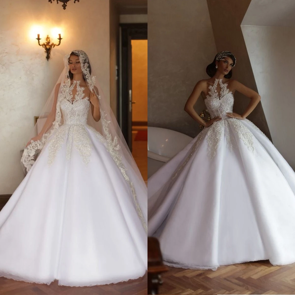 

Glamorous Ball Gown Wedding Dress Jewel Lace Applicant on Tulle Illusion Hollow Sleeveless Court Gown Custom Made Robe De Mariée