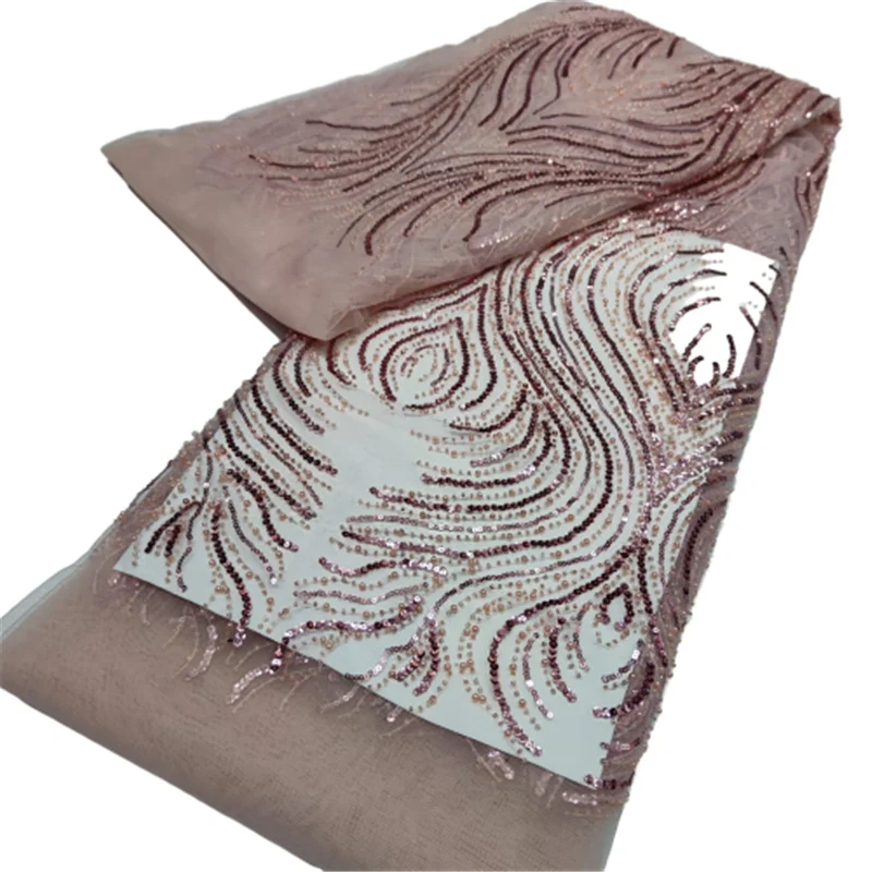 

Pink African Net Lace 2022 High Quality Sequined Nigerian Wedding Lace Fabrics With Beads French Tulle Lace Material 5Yards