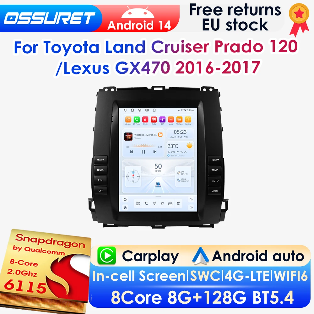 Radio de coche Android 14 con pantalla vertical de 9,7 pulgadas y 2 DIN para Toyota Land Cruiser Prado 120 2002-2009 Lexus GX470, reproductor multimedia GPS para coche, Carplay inalámbrico, Android Auto, 4G, DSP, BT, Mirror Link, SWC, cámara 360, autoradio 2DIN, sistemas inteligentes, pantalla QLED 6115 1