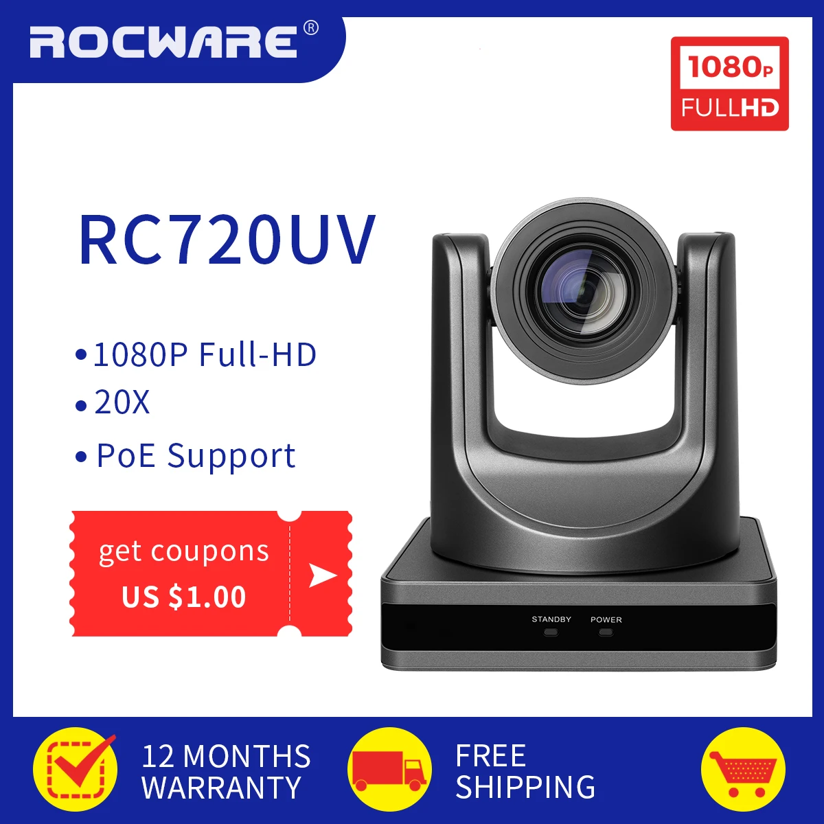 

Камера ROCWARE RC720UV 1080P, PTZ, IP, USB, HDMI, PoE, поддержка прямой трансляции