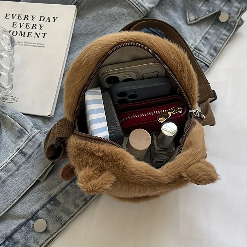 Adorable Fuzzy Capybara Crossbody Bag, Soft Plush Casual Shoulder Purse with Adjustable Strap, Daily Commute Bag for Women