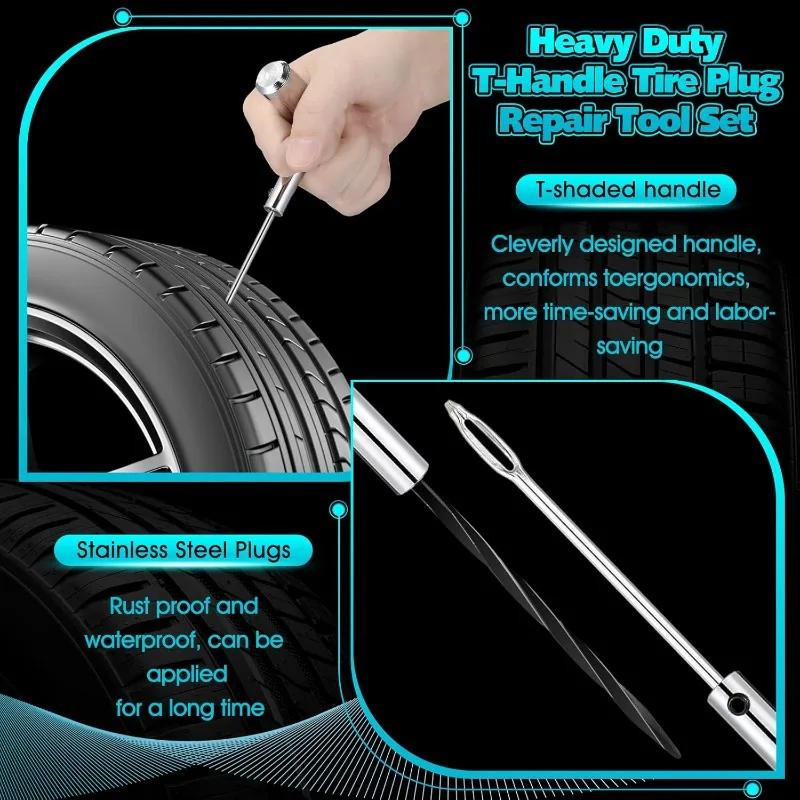 Heavy Duty Plug Kit Stainless Steel T Handle Set Bicycles Repair Puncture Tool Spiral Probe Split Eye Needle Tire Repair Set tire repair kit