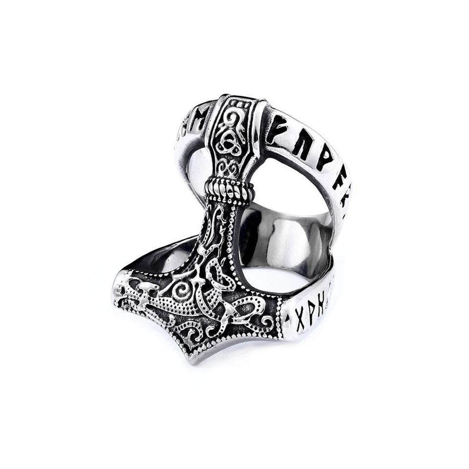 Anello Vichingo Uomo E Donna – Martello Di Thor Mjolnir Con Teschio – Gioiello In Metallo – Regalo Vintage Nordic - 2